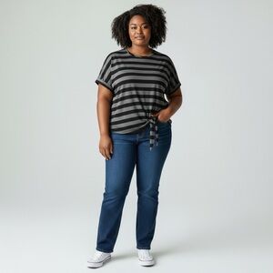 Striped Black and Gray Tie-Front Top